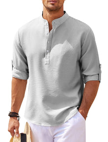 Michael - Legeres Sommerhemd ohne Kragen - Sommer-Chic – Hellgrau