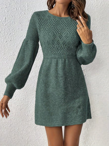 Casual Lochmuster Einfarbiges Strick Laternen Ärmel A-Linie Geraffte Taille Formelles Kleid Für Damen | Für formelle Anlässe – Dunkelgrün