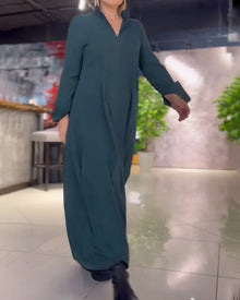 Elegantes Damen Maxikleid mit Seitenschlitz und Kragen – Grün