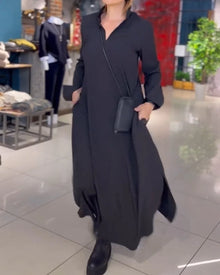Elegantes Damen Maxikleid mit Seitenschlitz und Kragen – Schwarz