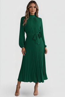 Emilia | Damen Plissee Midikleid Langarm – Grün