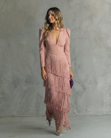 Esmeralda | Damen V-Ausschnitt Fransen Midikleid – Rosa