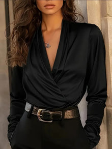 Evangeline | Damen Wickelbluse Langarm V-Ausschnitt – Schwarz