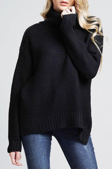 Damen Lässige Grobstrickpullover | Rollkragen – Schwarz