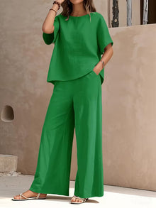 Josy – Set Aus Kurzärmeliger Bluse Und Hose mit Weitem Bein – Grün
