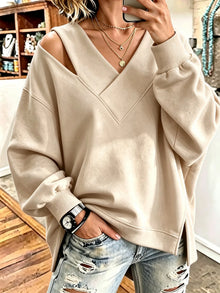 Kirstan – Schickes Oversize Sweatshirt Mit V-Ausschnitt Und Cut-out – Aprikose