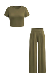 Luna | Elegantes Zweiteiler-Set mit Crop-Top & Palazzo-Hose – Armeegrün