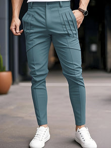 Alexey - Lässige Schlanke Passform Hose Mit Bundfalten Und Schräg Eingesetzten Taschen – Blau