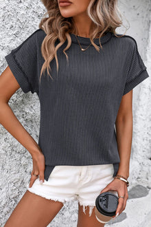 Cleo | Kurzarm-T-Shirt mit Streifen und Rundhalsausschnitt – Dunkelgrau