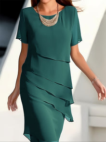 Stylisches Unifarben Geschichtetes Besatz Rundhals Kurzarmformelles Kleid Für Damen | Für formelle Anlässe – Grün