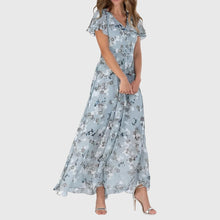 Kathrin | Damen Blumen V-Ausschnitt Maxi Kleid – Blau