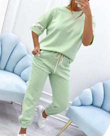 Damen Relaxed Outfit: Set aus solidem Oberteil und Hose – Grün