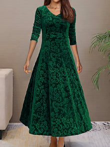 Elegantes V-Ausschnitt Langarm Blumenmusterformelles Kleid Für Damen | Für formelle Anlässe – Grün
