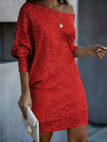 Casual Kontrast Pailletten V-Ausschnitt Langarm Party Trage Formelles Kleid Für Damen | Für formelle Anlässe – Rot