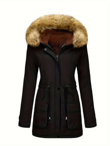 Damen Casual Fleece Parka Wintermantel mit Veganem Fell Kapuze für Damen | Ideal für den Winter – Schwarz
