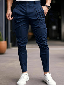 Alexey - Lässige Schlanke Passform Hose Mit Bundfalten Und Schräg Eingesetzten Taschen – Marineblau