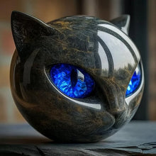 NyxCharm - Mystische Schwarze Katzenkopf Skulptur – Blau