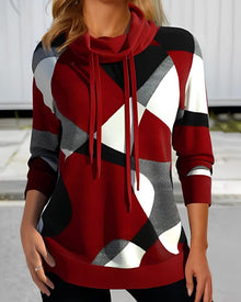 Bedruckter Rollkragenpullover mit Kapuze – Rot