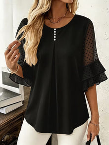 Hurley – Bluse Mit Rundhalsausschnitt Und Transparenten Rüschenärmeln – Schwarz