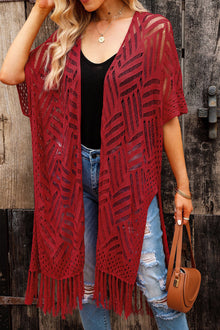 Gehäkelte Strickjacke | Fransen-Details | Boho-Chic – Rot