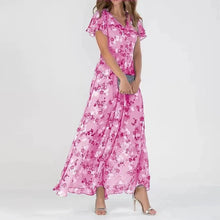 Romantisches Maxikleid mit Blumenprint – Rosa Chiffon, V-Ausschnitt & Schmetterlingsärmel – Rosa