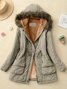Gemütlicher Fleecegefütterter Kapuzen Wintermantel für Damen | Ideal für Herbst/Winter – Khaki