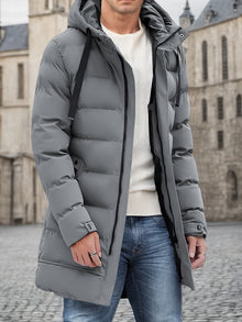 Elegante Baumwoll-Kapuzen-Winterjacke Mit Kordelzug, Großem Taschen, Für Herren | Ideal für Winter – Grau