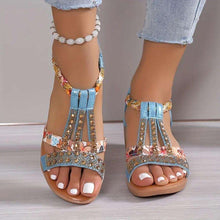 Freya | Damen Riemchen Sandalen mit Blumenmuster – Blau