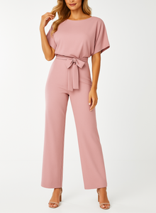 Frieda | Damen Kurzarm Jumpsuit Weites Bein – Hellrosa