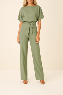 Frieda | Damen Kurzarm Jumpsuit Weites Bein – Olivgrün
