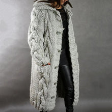 Damen Strickjacke Mantel Lang | Mit Kapuze Grobstrick – Silbergrau