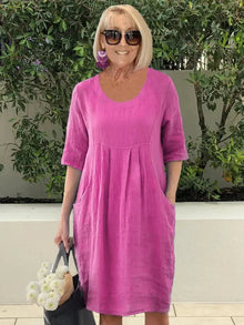 Amelie – Stilvolles Tunika-Midikleid mit Taschen für mühelosen Chic – Rosa