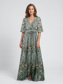 Élodie | Langes Blumenkleid mit V-Ausschnitt – Grün