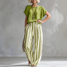 Hermione | Damen Gestreiftes Wide Leg Sommer Set – Grün