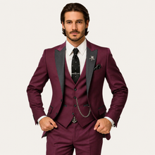 Herren Anzugset mit Sakko, Weste und Hose mit Reverskragen – Burgund