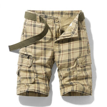 Herren Cargo Shorts mit Karomuster und Gürtel und Beintaschen – Khaki