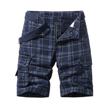 Herren Cargo Shorts mit Karomuster und Gürtel und Beintaschen – Blau