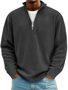 Niklas | Herren Gerippter Half-Zip Stehkragen Pullover Sweatshirt – Schwarz
