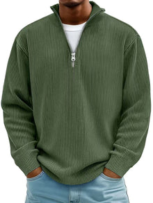 Niklas | Herren Gerippter Half-Zip Stehkragen Pullover Sweatshirt – Armeegrün