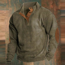 Alexander | Herren Gerippter Strickpullover Knopfleiste am Kragen Wildleder-Ellbogenpatch – Grün