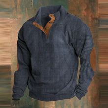 Alexander | Herren Gerippter Strickpullover Knopfleiste am Kragen Wildleder-Ellbogenpatch – Marineblau