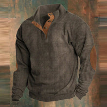 Alexander | Herren Gerippter Strickpullover Knopfleiste am Kragen Wildleder-Ellbogenpatch – Braun