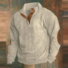 Alexander | Herren Gerippter Strickpullover Knopfleiste am Kragen Wildleder-Ellbogenpatch – Beige