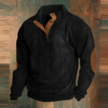 Alexander | Herren Gerippter Strickpullover Knopfleiste am Kragen Wildleder-Ellbogenpatch – Schwarz