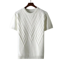 Herren Kurzarm Strickoberteil mit geometrischem V Muster – Weiß