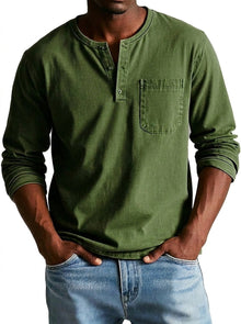 Herren Langarm-Henleyshirt mit Knopfleiste und Brusttasche – Oliv