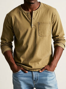 Herren Langarm-Henleyshirt mit Knopfleiste und Brusttasche – Gelb