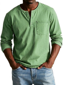 Herren Langarm-Henleyshirt mit Knopfleiste und Brusttasche – Grün