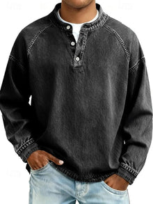 Florian | Herren Mens Knit Sweater Retro Henley Langarm Pullover Used-Look – Schwarz