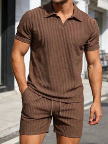 Herren Polo Zweiteiler Set mit Shorts – Dunkelbraun